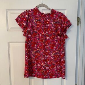 Floral Ruffle Short-Sleeve Blouse - Pink/Red